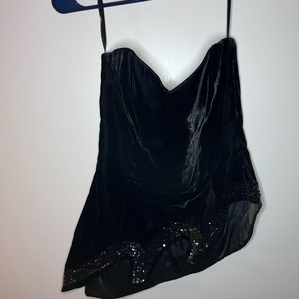 Strapless Black Velvet Top Beaded Hem